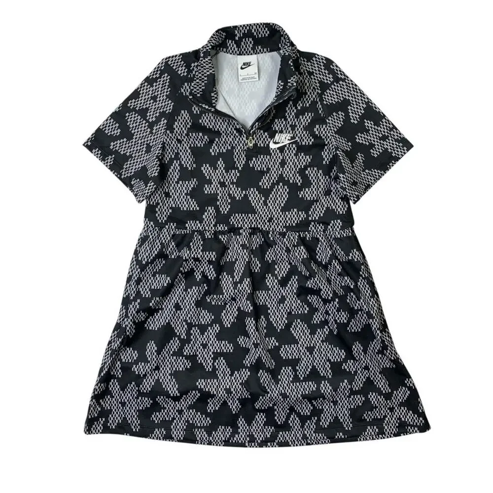 Nike Sport Dress Girls S Small Black White Daisy Print Pockets Short Sleeve